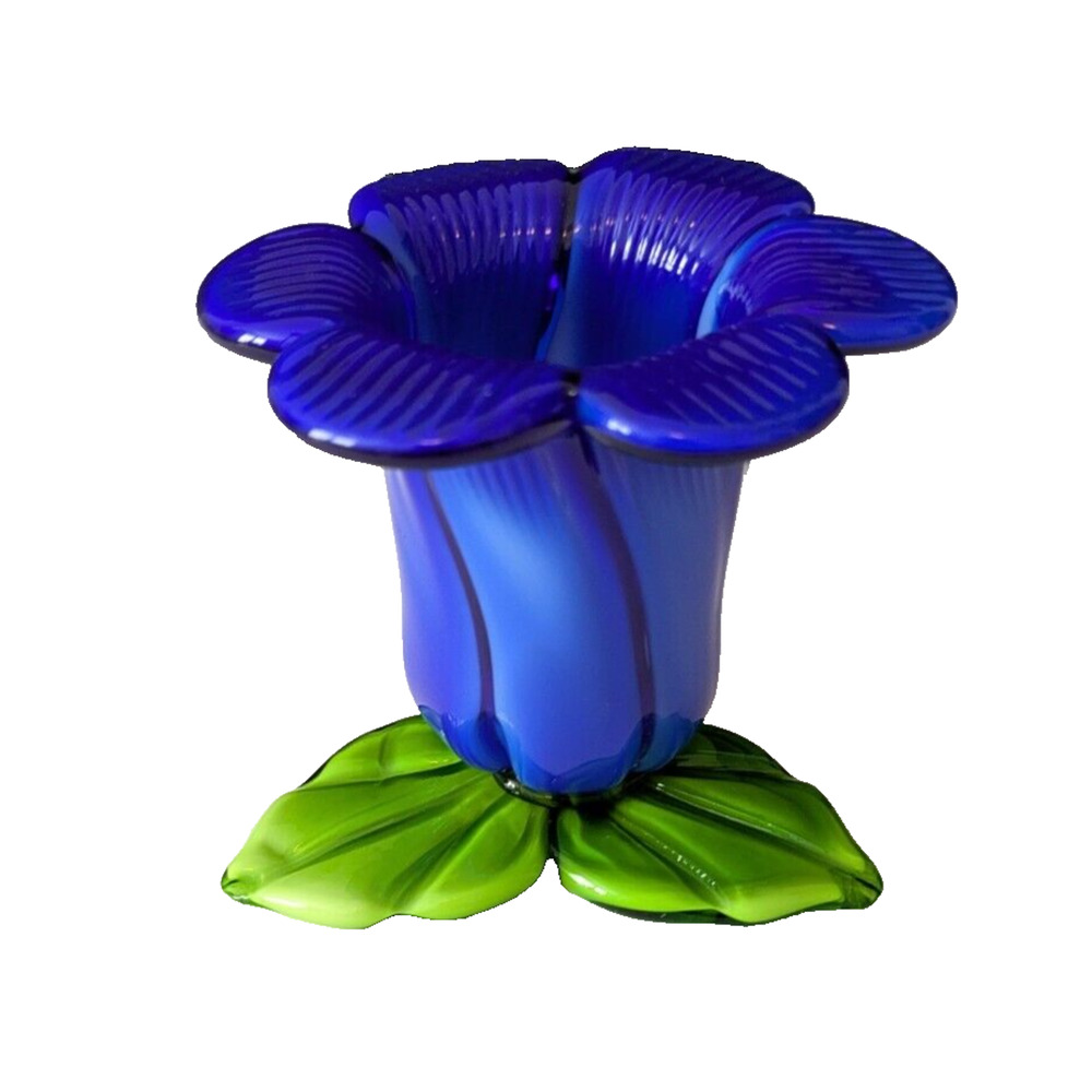 Cobalt Blue Tulip 3 Green Leaves Blown Art Glass Vase Candle Holder MCM Vtg